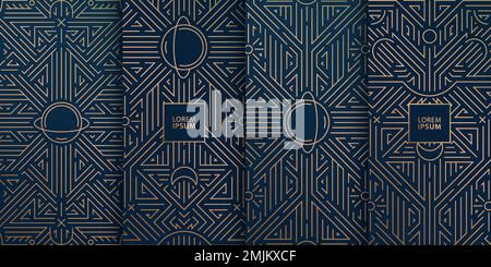 Vector-Liniendesign im trendigen Vintage-Stil, abstrakte geometrische Rahmen im Art déco-Stil, luxuriöse Paketvorlagen mit Planeten. Celectial, magische Tarnungen Stock Vektor