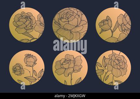 Vektorsatz mit abstrakten kreisförmigen linearen Logos im japanischen Stil. Rosen, Piones, Blumenabzeichen, luxuriöses goldenes Emblem für Parfüm, Kosmetik, Naturprodukte Stock Vektor