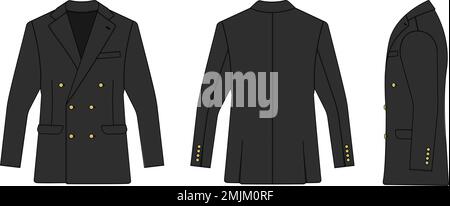 Doppelreihiger Anzug Jacke Vektorvorlage Illustration ( mit Seitenansicht) | Schwarz Stock Vektor