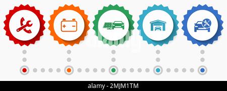 Vektorsymbole für den Fahrzeugservice, Webabzeichen für Werkstätten im flachen Design, Infografiken für Unternehmen Stock Vektor