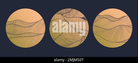 Abstrakte kreisförmige lineare Logos im goldenen japanischen Stil. Waves Luxusabzeichen, Berge, Wüste, Wasser oder Wüstenlandschaft. Emblem für eine Reise Stock Vektor