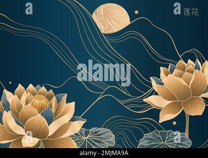 Luxuriöses Landschaftsdesign. Lotusblumen vor dem Hintergrund der Berge und des Mondes. Eleganter Stil in Gold und Blau. Geeignet für Einladung, Banner Stock Vektor