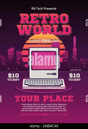 Retro-Gaming-Flyer-Vorlage mit Vintage-PC. Design der Vlassic Games Expo-Einladungskarte. Postergrafiken für Aktienvektoren. Stock Vektor