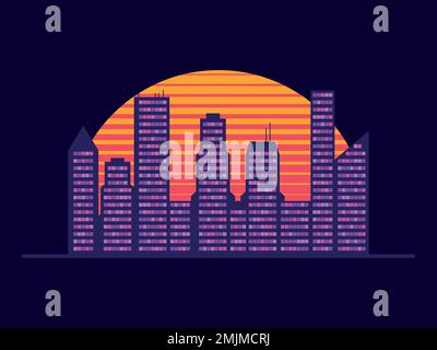 Stadtlandschaft im Retro-Stil der 80s Jahre. Synthwave futuristischer Sonnenuntergang in der Stadt. Licht in den Fenstern von Wolkenkratzern. Design für Banner und Werbung Stock Vektor