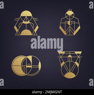 Vektorset abstrakter geometrischer Logos. Art déco, Hipster, goldene Linien. Kreis-, Dreieck- und Polygonformen. Azteken, Magie, esoterische Ikonen Stock Vektor
