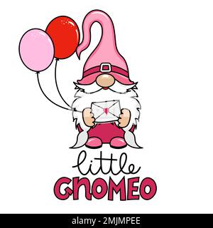 Little Gnomeo - Happy Valentine's Day Gnom mit pinkfarbenen Ballons und Liebesbrief. Nordischer Zwerg. Süße Weihnachts-Elfe mit Hut. Vektordarstellung f Stock Vektor