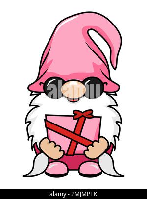 Happy Valentine's Day Gnom mit rosa Herz. Nordischer Zwerg. Süße Weihnachts-Elfe mit Hut. Vektordarstellung für den Liebestag Stock Vektor