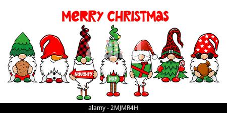 Frohe Weihnachtszwerge mit Weihnachtsbaum. Nordischer Zwerg. Süße Weihnachts-Elfe mit Hut. Vektordarstellung für Ernte, Frohe Weihnachten und Happy New Stock Vektor