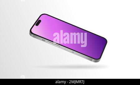 Smartphone-14-Modell mit rosafarbenem Verlaufsbildschirm. Editierbare Vorlage, Diagonalwinkel. Vektordarstellung Stock Vektor