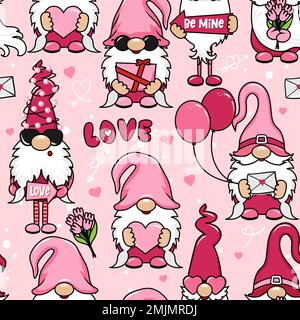 Gartenzwerge, Gnom Happy Valentine's Day - lustiges, nahtloses Zeichnen. Tapete, Geschenkpapier. Stock Vektor