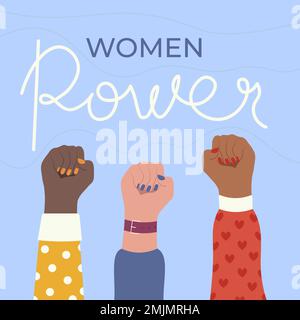 Postkarte Women Power For International Women Day, 8. März, Mit Fäusten, Flacher Vektorabbildung Stock Vektor