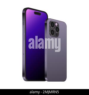 Isoliertes Smartphone 14 Pro Modell. Realistisches violettes 3D-Design auf weißem Hintergrund. Drei Kameras. Diagonale Vorder- und Rückansicht. Vektordarstellung Stock Vektor