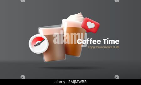 Banner für die Kaffeezeit mit 3D Rendern Sie Cappuccino und Latte mit Schaumcreme in Glasbechern mit Zeitschaltuhr und ähnlichen Symbolen auf schwarzem Hintergrund Stock Vektor
