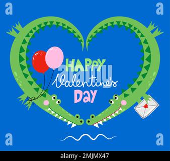 Happy Valentine's Day - süßes, lustiges, handgezeichnetes Doodle mit einem verliebten Krokodilpaar. Cartoon-Alligatoren. „Gut für Valentinstag“-Karte. Vektor Hand dra Stock Vektor