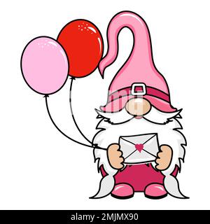 Happy Valentine's Day Gnom mit pinkfarbenen Ballons und Liebesbrief. Nordischer Zwerg. Süße Weihnachts-Elfe mit Hut. Vektordarstellung für den Liebestag Stock Vektor