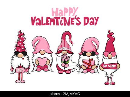 Happy Valentine's Day Gnomes with Hearts and love letters (alles gute zum Valentinstag, Zwerge mit Herzen und Liebesbrief Nordischer Zwerg. Süße Weihnachts-Elfe mit Hut. Vektordarstellung für den Liebestag Stock Vektor
