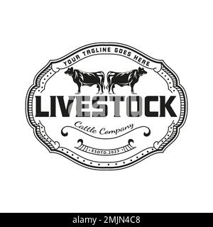 Retro-Vintage-Illustration des Viehbeef Emblem Rinder-Logo-Etiketts, Typografie-Vektor-Designstempel. Stock Vektor