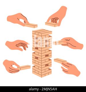 Jenga-Spiel. Spiel für Kinder und Erwachsene. Holzklotz hält in der Hand. Brettspiel, Tischspiel Stock Vektor