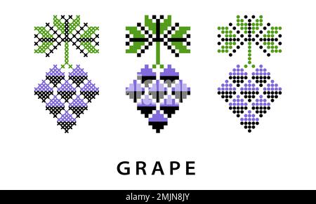 Traubenbündel isoliertes Vektorsymbol, Schild, Logo. Abbildung eines Traubenbündels für Weinetikett oder Saft. Pixelbild, Vyshyvanka, Kreuzstich, Punkte Stock Vektor