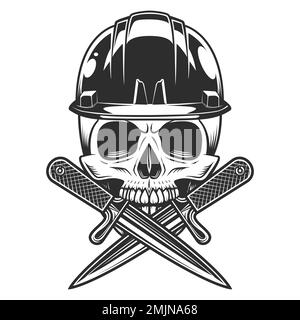 Neuer Bauarbeiter Schädel mit gekreuztem Messer, Schutzhelm Business Umbau Haus-Vintage-Illustration Stock Vektor