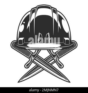 Kreuzmesser und Schutzhelm für Geschäftsleute aus Neubau- und Umbauhaus in klassischer Monohrom-Illustration Stock Vektor