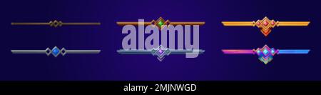 Zeichentrickset mit dekorativen Ranglisten, isoliert im Hintergrund. Vektordarstellung mit bronzefarbenen, goldenen, silbernen Metalllinien, dekoriert mit Diamant oder Stock Vektor