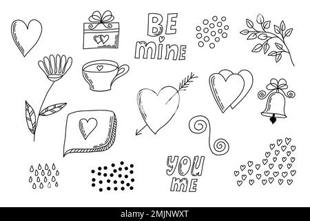 Süße Elemente im handgezeichneten Doodle-Stil zum Valentinstag. Schwarze Vektorelemente. Illustration mit Herzen und Blumen usw. Entwurf für Abzüge, Karte Stock Vektor