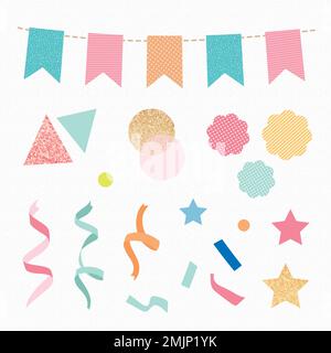 Geburtstagsfeier Aufkleber, bunte Glitter Konfetti und Bänder Clipart Vektor-Set Stock Vektor