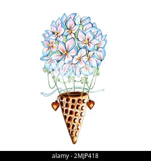 Wasserfarben handgezeichnete konzeptionelle Darstellung eines Heißluftballons in Form von Blumen und Eiskegel. Retro, Romantik für Valentinstag Karte Stockfoto