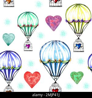 Wasserfarben handgezeichnete konzeptionelle nahtlose Muster von farbigen Heißluftballons mit einem Herzen, das in einem Vogelkäfig geschlossen gehalten wird. Retro, romantisch zum Valentinstag Stockfoto