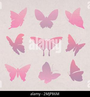 Fliegender Schmetterling Aufkleber, rosa Gradient flach Vektor Tier Illustration Set Stock Vektor