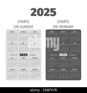 2025 Taschenkalender mit Wochen ab Sonntag und Montag Stock Vektor