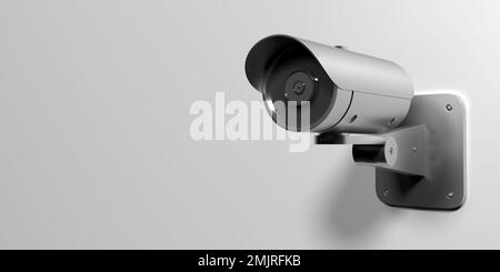 3D Rendern Sie die CCTV-Sicherheitskamera mit freiem Platz für das Design. Vorlage für das Design von Werbung, Visitenkarten, Postern Stockfoto
