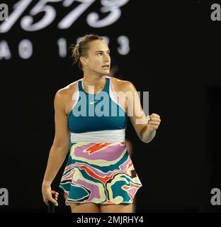 Melbourne, Australien. 28. Januar 2023. Aryna Sabalenka aus Belarus in Aktion während des Finales der Frauen-Singles bei den Australian Open in Melbourne, Australien. Frank Molter/Alamy Live News Stockfoto