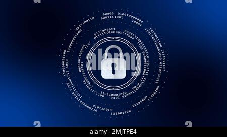 Digitales Internet syber Sicherheitskonzept - abstrakter Hintergrund des Binärcodes um das Vorhängeschloss auf dunkelblauem Hintergrund - 3D Abbildung Stockfoto