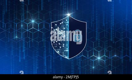 Digitales Internet-Cyber-Sicherheitskonzept – Schutzschild mit Vorhängeschloss auf grafischem Würfelmuster-Hintergrund mit herabfallenden binären Codebändern Stockfoto