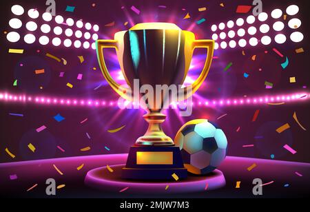 Goldener Pokal des Gewinners auf dem Fußballfeld. Vektordarstellung Stock Vektor