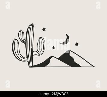 Minimalistische Logo-Kakteen, Berge, Mond, Himmel Stock Vektor