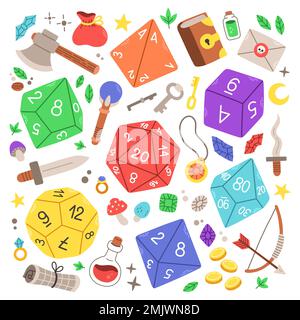 D8 D10 D12 D20 Würfel für Brettspiele, RPG Würfel für Tischspielvektor Stock Vektor