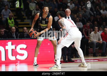 Belgrad, Serbien, 27. Januar 2023. Dante Exum von Partizan Mozzart Bet Belgrad in Aktion während des EuroLeague-Spiels der Turkish Airlines 2022/2023 zwischen Crvena Zvezda mts Belgrad gegen Partizan Mozzart Bet Belgrad in der Aleksandar Nikolic Hall in Belgrad, Serbien. 27. Januar 2023. Kredit: Nikola Krstic/Alamy Stockfoto