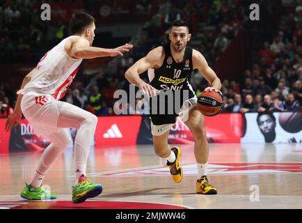 Belgrad, Serbien, 27. Januar 2023. Ioannis Papapetrou von Partizan Mozzart Bet Belgrad fährt während des EuroLeague-Spiels der Turkish Airlines 2022/2023 zwischen Crvena Zvezda mts Belgrad gegen Partizan Mozzart Bet Belgrad in der Aleksandar Nikolic Hall in Belgrad, Serbien, in den Korb. 27. Januar 2023. Kredit: Nikola Krstic/Alamy Stockfoto