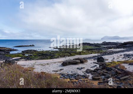 Blick über den Strand und die Felsen auf der Insel Santiago (Isla Santiago) in den Galapagos, Ecuador. Stockfoto