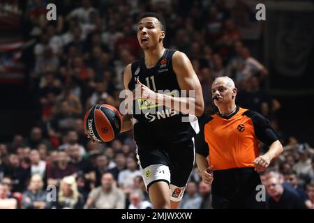 Belgrad, Serbien, 27. Januar 2023. Dante Exum von Partizan Mozzart Bet Belgrad in Aktion während des EuroLeague-Spiels der Turkish Airlines 2022/2023 zwischen Crvena Zvezda mts Belgrad gegen Partizan Mozzart Bet Belgrad in der Aleksandar Nikolic Hall in Belgrad, Serbien. 27. Januar 2023. Kredit: Nikola Krstic/Alamy Stockfoto