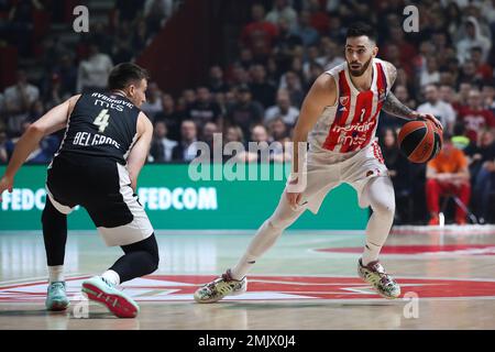 Belgrad, Serbien, 27. Januar 2023. Luca Vildoza von Crvena Zvezda mts Belgrad in Aktion während des EuroLeague-Spiels der Turkish Airlines 2022/2023 zwischen Crvena Zvezda mts Belgrad gegen Partizan Mozzart Bet Belgrad in der Aleksandar Nikolic Hall in Belgrad, Serbien. 27. Januar 2023. Kredit: Nikola Krstic/Alamy Stockfoto