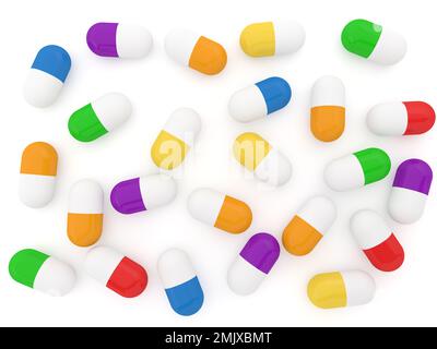 Pillen medizinisch mehrfarbig auf weißem Hintergrund. 3D-Darstellung rendern. Stockfoto