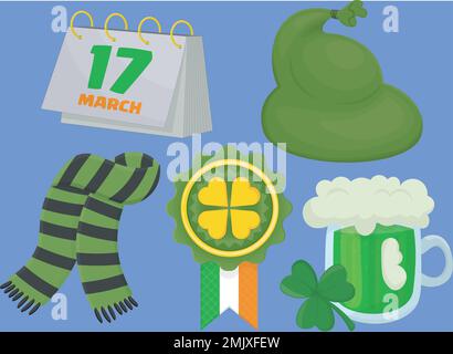 Ein Set für den saint patricks Day umfasst callendar, Tasche, Abzeichen, ein Glas Bier und einen Schal Stock Vektor