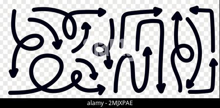 Dynamische Pfeile Spielset. Verschiedene verspielte Pfeile verdrehen schwarze Linienelemente. Eigenartige Designrichtung. Isolierte Darstellung mit Flachvektor Stock Vektor