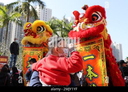 Hongkong, China. 28. Januar 2023. Am 28. Januar 2023 sehen die Menschen Löwen in Hongkong, Südchina, tanzen. Kredit: Li Gang/Xinhua/Alamy Live News Stockfoto