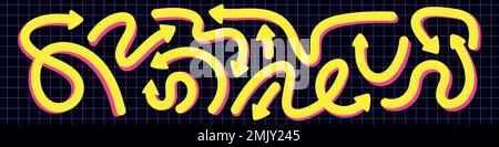Dynamische Pfeile Spielset. Verschiedene verspielte Pfeile verdrehen gelbe Linienelemente. Eigenartige Designrichtung. Isolierte Darstellung mit Flachvektor Stock Vektor