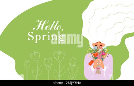 Illustration zum Frauentag. Mädchen mit Blumen. Flacher Stil. Lattering Hallo Frühling Stock Vektor